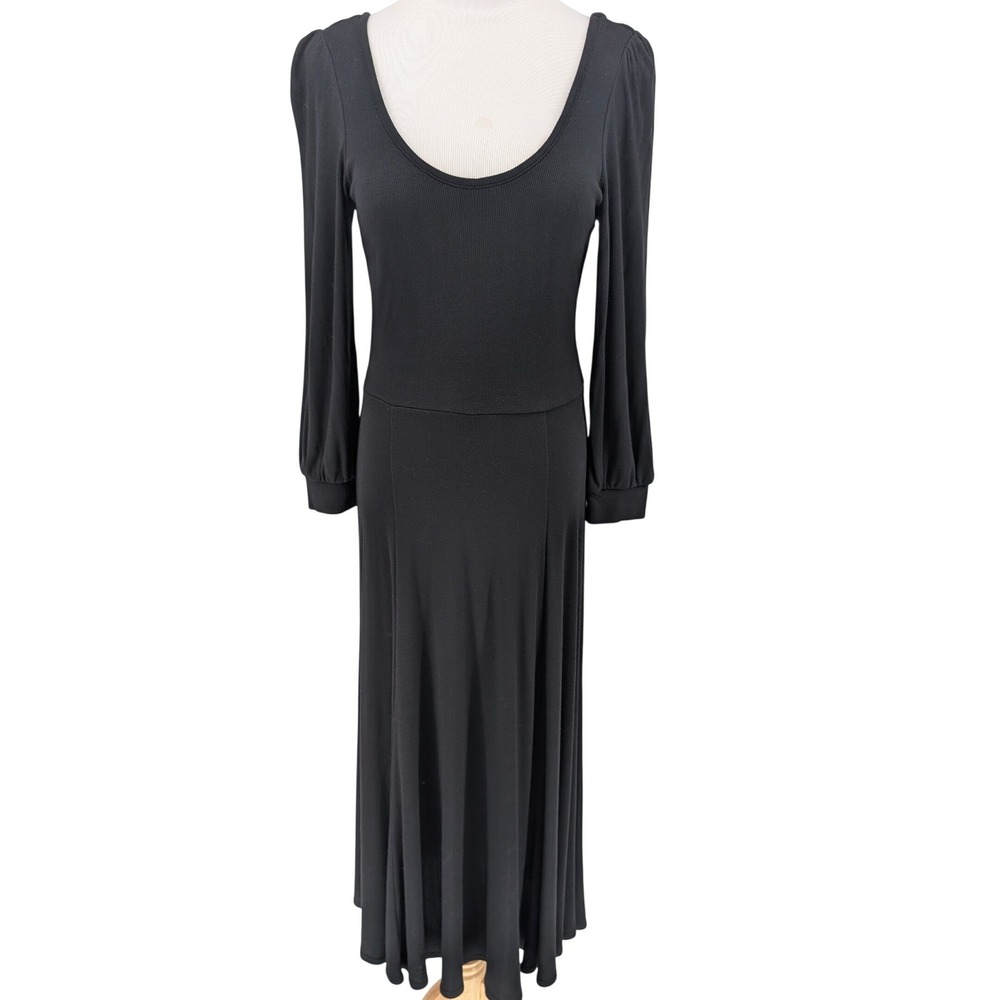 Marine Layer Midi Dress Womens S Black Ribbed Scoop Neck Long Sleeve Minimalist